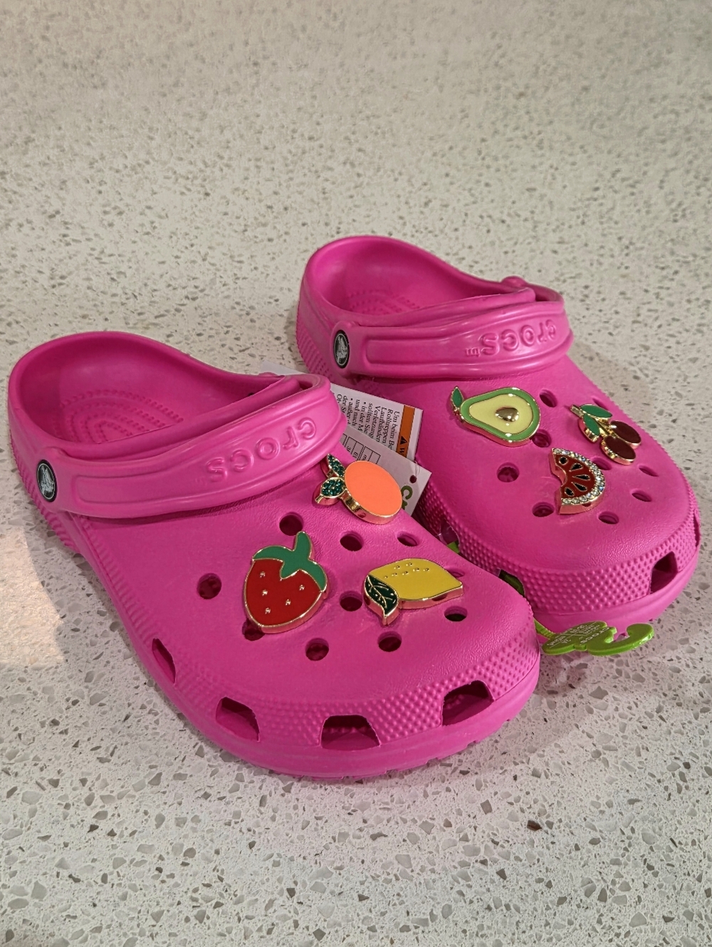 CROCS Pink Summer Clogs with Fruit Charms W8/M6 Neon NEW W/Tags!